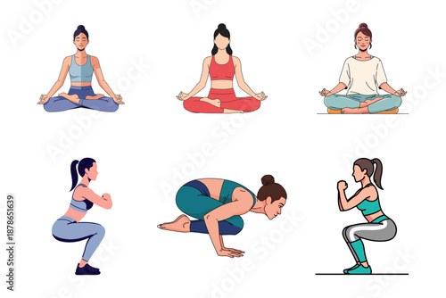 Illustrations of women in various yoga and squat poses, showcasing fitness and wellness