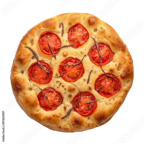 Freshly Baked Focaccia Bread With Sliced Tomatoes and Herbs on Top in a Simpl...