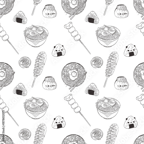 Seamless pattern with hand drawn Korean food dishes and street snacks