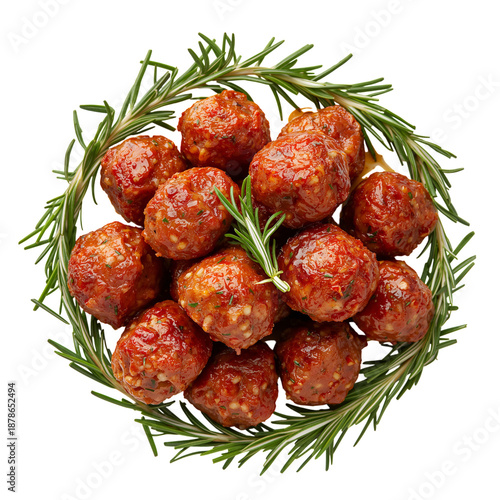 Meatballs With Herbs Arranged in a Circle on a White Background