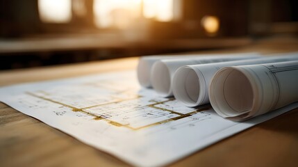 Rolled architectural blueprints and plans spread on a wooden desk under warm sunlight