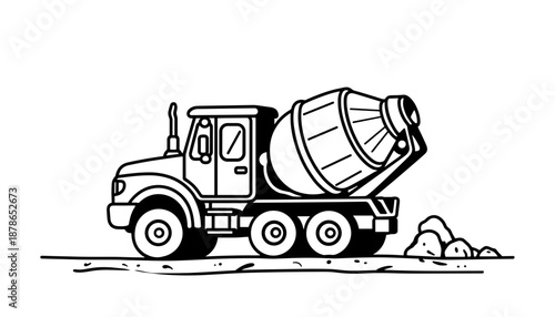 Cement mixer truck on white background, construction machinery and engineering concept for kids coloring book