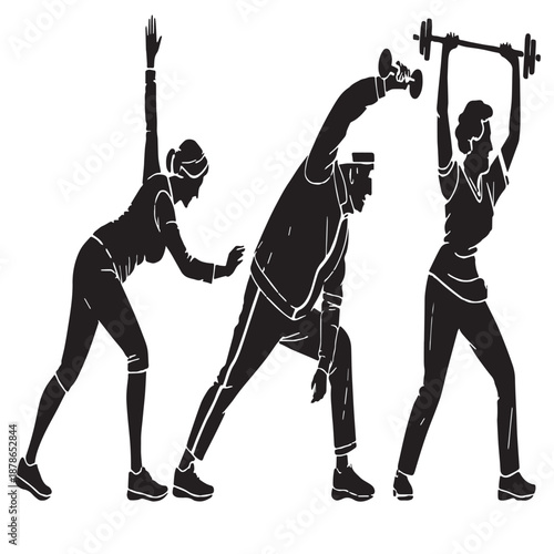 Black active seniors engaging in fitness Silhouette Vector, High Quality Illustration on White Background