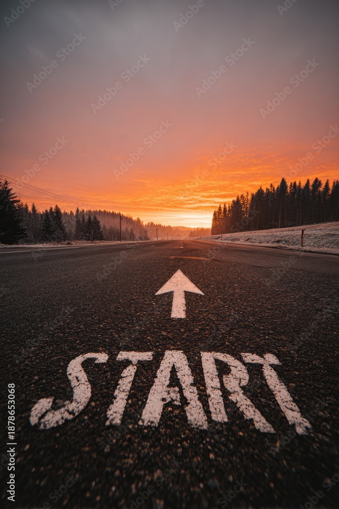 Fototapeta premium Road marking with start and arrow at sunset symbol of beginning