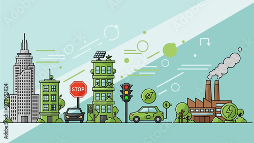 Eco Friendly Smart City Road Vector Illustration Featuring Sustainable Buildings, Green Traffic Systems and Environmental Urban Planning
