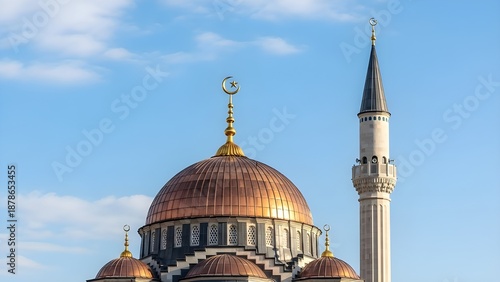 Mosque Dome and Minaret with Crescent Against Blue Sky, Symbol of Islam and Ramadan, Islamic Architecture, Muslim Faith and Religious Heritage