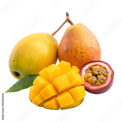 Fresh Fruit Displayed on a White Background With a Whole and Sliced Piece Sho...