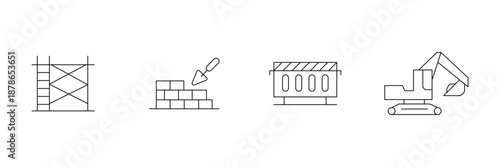 Construction equipment icon set, scaffold tower, brick trowel, dump truck, excavator machine illustration.