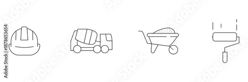 Construction worker icon set, safety helmet, cement mixer truck, wheelbarrow, paint roller tools illustration
.
