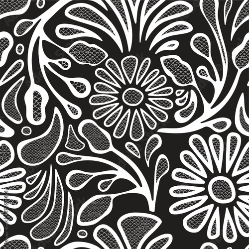 A stylized  repeating black and white floral pattern featuring daisies, swirling leaves, and abstract shapes, creating a bold, graphic design.