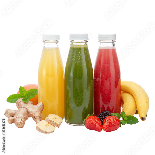 Different Types of Fruit Drinks Displayed With Ginger and Fresh Fruits on a W...