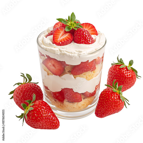 Fresh Strawberries Layered With Cream and Cake in a Clear Glass Cup on a Whit...