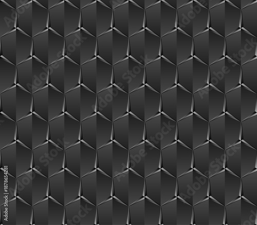 Luxury black honeycomb background with 3D gold and silver hexagonal lines. Abstract modern geometric seamless pattern for technology and design