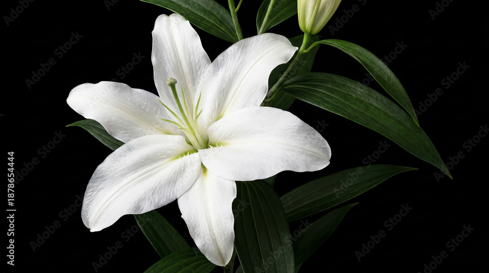 Fototapeta premium Isolated white lily on black background. Springtime