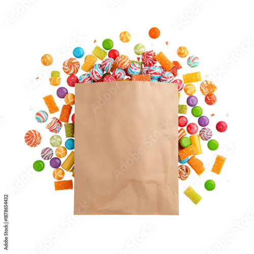 Colorful Candies Scattered Around a Brown Bag on a White Background During th...