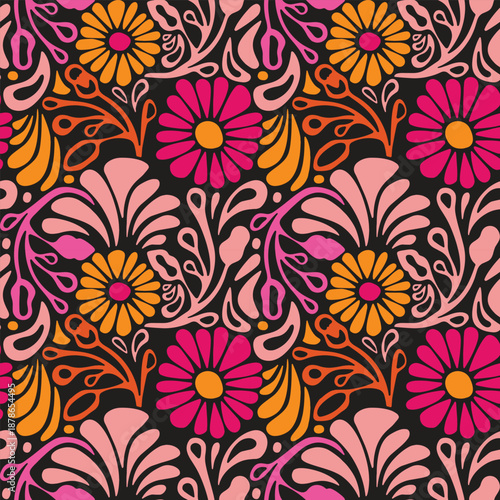 A vibrant repeating floral pattern pink, orange, and yellow flowers with swirling leaves on a dark background best for surface design, textile printing.