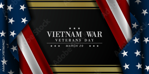 March 29 Is National Vietnam War Veterans Day. American flag and gold. Great for cards, banners, posters, social media and more. Black background.  