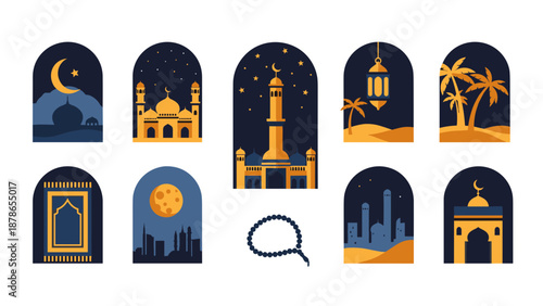 Golden Nighttime Cityscape in Archway Frames with Silhouettes and Minarets.