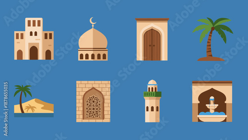 Eclectic Middle Eastern Inspired Buildings with Domes, Arches, and Palm Trees on a Patterned Desert Backdrop.