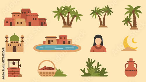 Colorful village and resort scene with palm trees, water features, and a lone traveler amid traditional architecture.