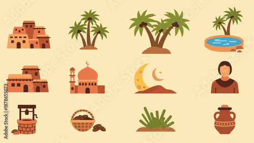 Animated desert village scene with palm trees, huts and dunes in warm tones.