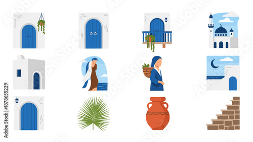 Colorful Mediterranean Architecture and Blue Archways with Doors, Courtyards, and Pottery Elements.