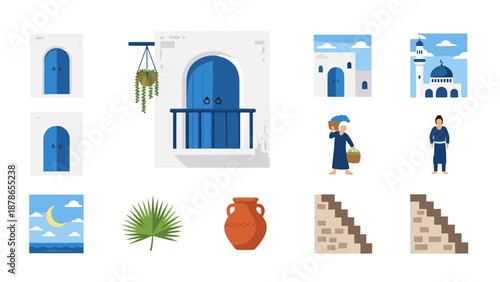 Blue and white Mediterranean architecture scenes featuring arches, balconies, and pottery motifs.