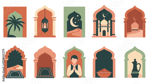 Colorful arched temple windows and sacred architectural silhouettes collage.