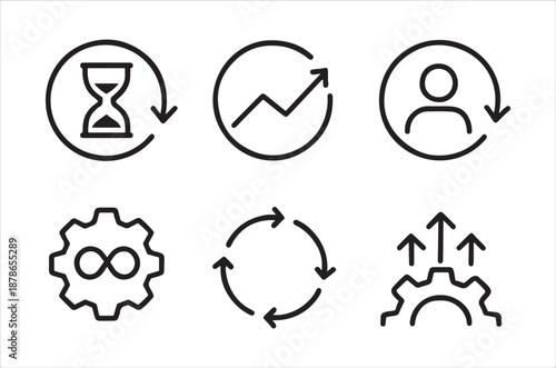 six line icons showing cyclical processes and settings