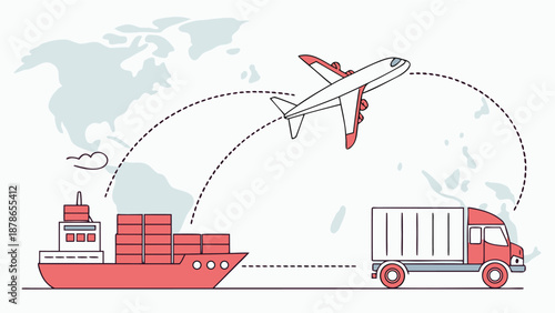 A vibrant flat vector illustration depicts a global logistics network with interconnected shipping containers airplanes and trucks emphasizing efficient worldwide transportation