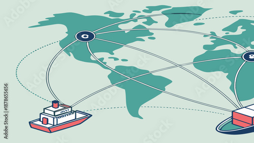 A detailed isometric flat vector illustration depicts a vibrant global distribution network with interconnected nodes and pathways showcasing logistics and connectivity