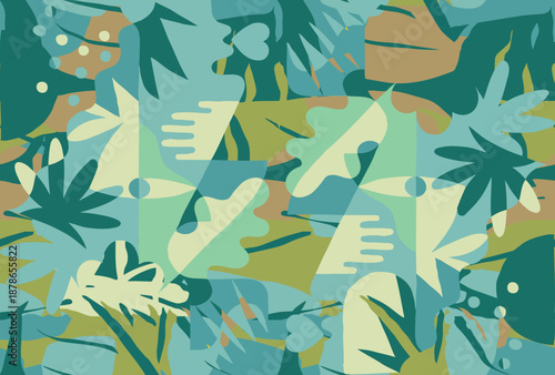 A vibrant, repeating abstract pattern featuring tropical leaves, eyes, and shapes in shades of green and blue, creating a harmonious design, perfect for textile print and wallpaper print