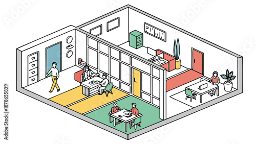 A detailed isometric vector illustration depicts a vibrant and modern co working space featuring desks chairs plants and collaborative areas for creative professionals