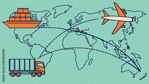 A minimalist linear art illustration depicts several modes of freight transportation including a truck ship and airplane showcasing global logistics high quality