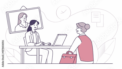 A professional illustration depicts a modern job interview scenario with a recruiter and candidate fostering a sense of career advancement and human resources