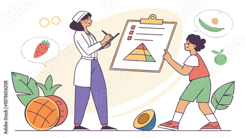 A detailed illustration depicts a healthcare professional engaged in a nutrition consultation with a female patient focusing on healthy eating habits and wellness