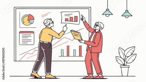 A professional business illustration depicts two individuals engaged in a strategic planning session reviewing charts and data for future growth initiatives
