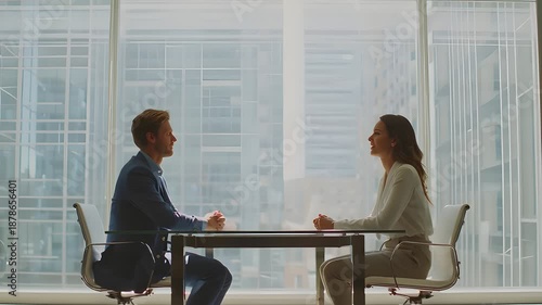 Professional Corporate Interview Between Two Business People in Modern Minimal Office Environment