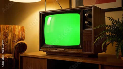 A vintage TV with a tv green screen on a wooden table in a cozy living room with warm lighting.