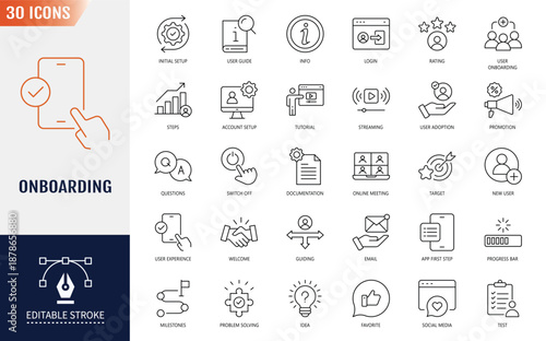 Onboarding icon set. welcome, sign up, user guide, tutorial, UX, login and more. Editable stroke. Vector illustration