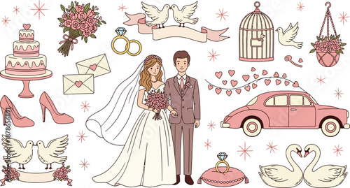 Wedding planning illustration with bride groom and wedding items