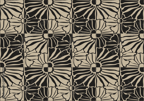 A decorative repeating black and white pattern featuring stylized floral shapes in black on a beige background, arranged in a grid layout.