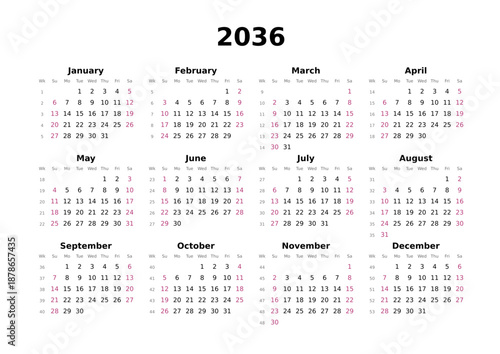 Kalender 2036 mit Wochenzählung, englisch, elegant, erster Wochentag ist Sonntag, Querformat