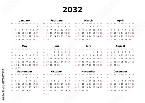 Kalender 2032 mit Wochenzählung, englisch, elegant, erster Wochentag ist Sonntag, Querformat