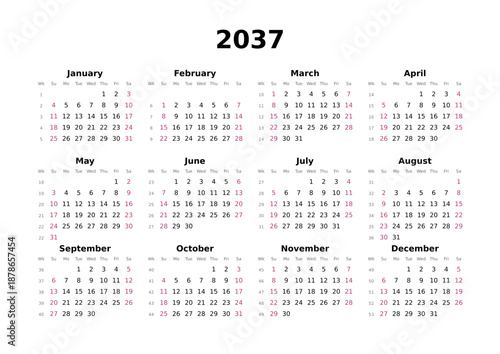 Kalender 2037 mit Wochenzählung, englisch, elegant, erster Wochentag ist Sonntag, Querformat