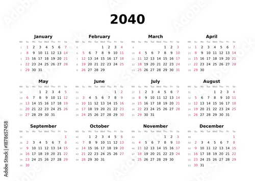 Kalender 2040 mit Wochenzählung, englisch, elegant, erster Wochentag ist Sonntag, Querformat