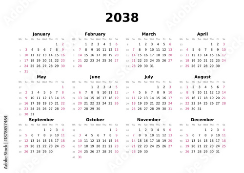 Kalender 2038 mit Wochenzählung, englisch, elegant, erster Wochentag ist Sonntag, Querformat