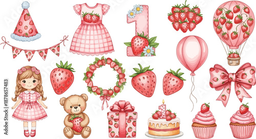 One year old birthday party celebration with pink theme and strawberries