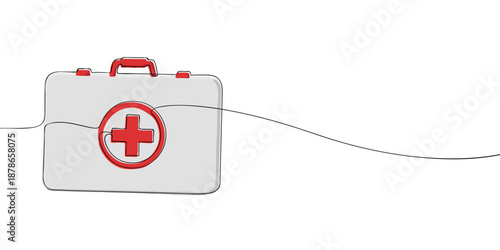 Minimal illustration of a first aid kit with a red cross symbol, representing emergency care, medical supplies, and health preparedness.