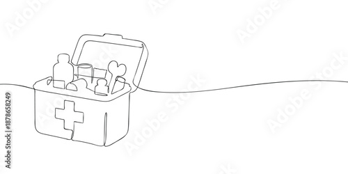 Minimal line illustration of an open first aid kit filled with medical supplies, bottles and tools, symbolizing emergency care, healthcare readiness, and safety support.